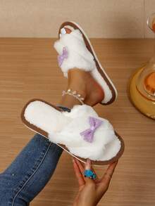 Purple Bow Open Toe Plush Slippers Women Autumn/Winter Indoor Warm Fuzzy Slippers - Purple - View 3