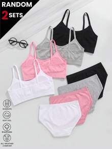 Teen Girls 2pcs Random Color Seamless Bra And Triangle Panty Set, With Removable Padding, Solid Color Underwear - Multicolor - View 2