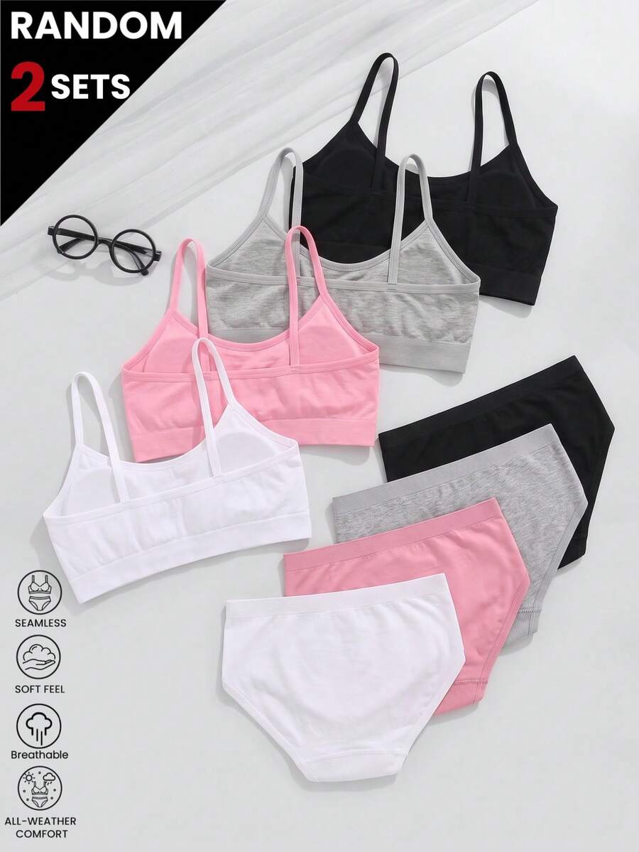 Teen Girls 2pcs Random Color Seamless Bra And Triangle Panty Set, With Removable Padding, Solid Color Underwear - Multicolor - View 1