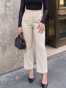 Women's Solid Color High Waist Straight Leg Pants, Casual Fashion, Suitable For Outings, Commuting, Riding (Belt Not Included) - Apricot - View 4