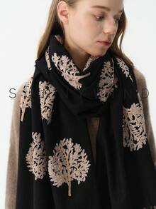 1pc Women's Embroidered Tree Of Life Plant Element Versatile Casual Elegant Scarf For Autumn/Winter Daily Use - Black - View 5