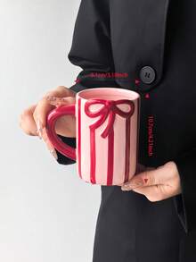 1pc Red Striped Ceramic Mug, Modern Minimalist Ins Style Creative Vertical Stripe & Bow Design Large Capacity Breakfast Coffee Cup, Home Breakfast Milk Cup, Suitable For Christmas, Saudi National Day, Gift For Classmates/Friends - Multicolor - View 9