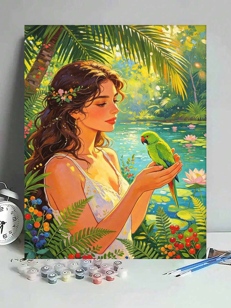 1 Set Woman And Parrot DIY Digital Oil Painting Kit, Artistic Oil Painting Set, Suitable For Adult Beginners, Bedroom Decor And Art Wall Decoration, Holiday Gifts.