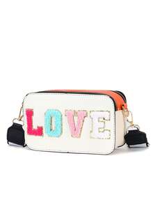 1pc Women's Creative Towel Embroidery LOVE Letter Crossbody Camera Bag, Wide Strap Zipper Small Bag, Sweet Girl Style Shoulder Bag - M1963 - View 10