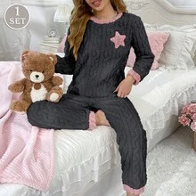 Women's 2 Pieces Pajama Set, Dark Gray Star Print Round Neck Long Sleeve Top And Sweet Colorblock Long Pants, Autumn/Winter Long Plush Loungewear Set - Dark Grey - View 6