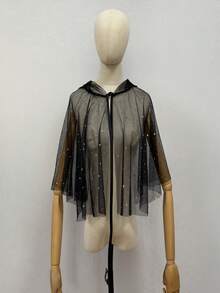 1pc Black Shiny Mesh Hooded Halloween Party Mid-Length Costume Cape - Multicolor - View 3