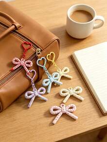 10/5/1pc Colorful Plaid Polka Dot Bow Keychain, Heart Buckle Cute Bag Pendant, Macaron Color Bow Hanging Decoration Accessory - Multicolor - View 1