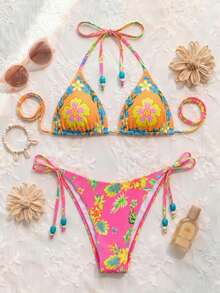 Retro Blue & Purple Cashew Flower Halter Triangle Cup Bikini, Sexy Push-Up Separate Swimsuit, Beach Holiday Swimwear - Multicolor - View 2