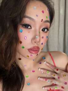 1Sheets 65/102/106pcs Self-Adhesive Rainbow Face Gem Stickers, Heart Square Flower Round Acrylic Rhinestone Pearl Stickers, 3D Shiny DIY Face Body Decor, Ins Y2K Photo Props, For Halloween Music Festival Party Cosplay - Multicolor - View 6