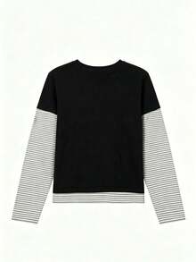 Kaos Lengan Panjang Patchwork Bergaris Gaya Korea 2 in 1 untuk Wanita, Potongan Longgar, Ramping, Serbaguna, Cocok untuk Musim Gugur - Hitam - View 2