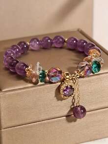 A Purple Natural Bracelet That Relieves Anxiety, Decorated With Cube Ornaments, Fashionable Jewelry In Purple And And Gold Tones - Multicolor - View 3