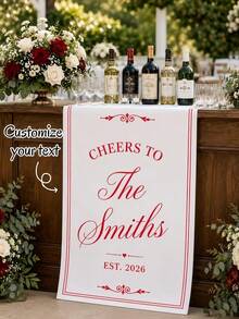 1pc Personalized Wedding Welcome Banner & Bar Menu Sign - Customizable Name/Date/Text, Suitable For Wedding, Party, Event, Polyester Long Strip Printed For Table Display, Suitable For Ribbon Use (Ribbon Not Included) - Multicolor - View 1