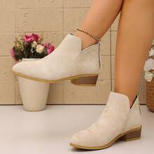 Vintage V-Cut Faux Suede Ankle Boots For Women, Back Zipper Chunky Heel Chelsea Ankle Boots, Minimalist Western Style Commuter Versatile Fashion Boots - Beige - View 8