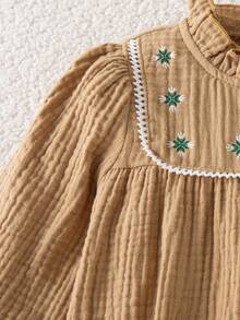 Autumn/Winter Baby Girl Cute Double Layer Cotton Gauze Bodysuit & Ruffle Collar Embroidered Puff Sleeve Stylish Outing Romper & Ribbon Bow Socks - Mustard Yellow - View 4