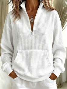 Waffle Knit Casual Fashion Basic Plus Size Women's Zip-Up Long Sleeve Stand Collar Sweatshirt - White - View 1