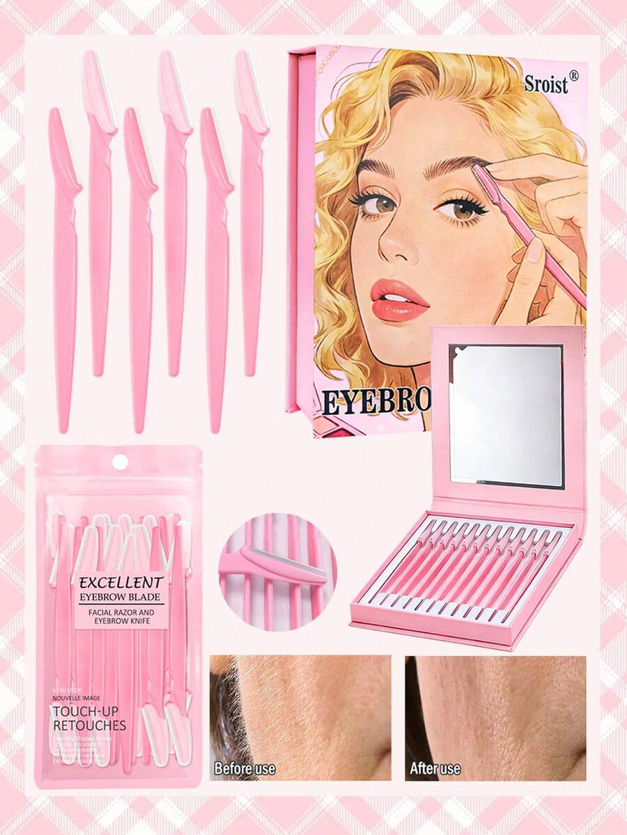 1/3/6/12pcs Bagged Eyebrow Trimming Razors, Optional Gift Box, Portable Facial Hair Removal Razors, Disposable Eyebrow Trimming Razors, Exfoliating Hair Removal Razors, Body Hair Removal Trimmers And Facial Sets. Suitable For Travel, Bedroom Use, Affordable, Back To School Season - Pink - View 1