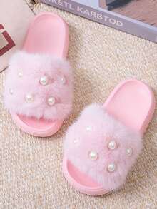 1 Pair Winter Girls Fashion Pearl Style Home Slippers, EVA Ultra-Light Sole Design, Suitable For Home Slip-On Slippers, Easy To Put On And Take Off - Pink - View 2