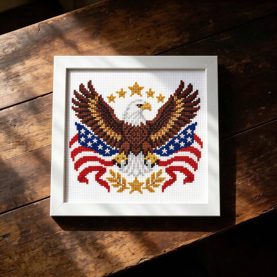 1 Set American Vintage 18 Mesh Fabric Embroidery Kit 15x15cm With Photo Frame Full Tool Set Bald Eagle Flag Pattern Handmade Cross Stitch Stress Relief DIY Wall Hanging