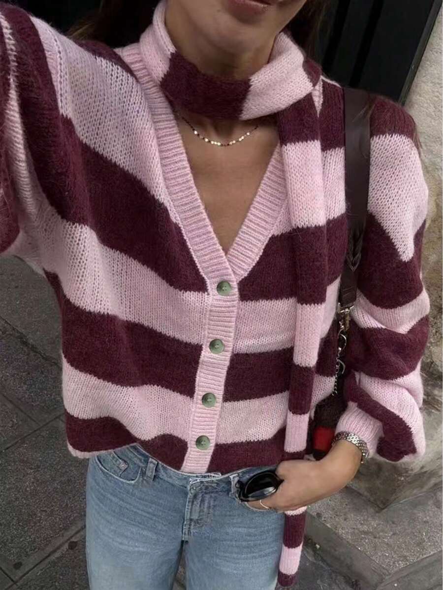 Plus Size Pink Purple Wide Stripe Button V-Neck Knit Cardigan Lantern Long Sleeve With Scarf Loose Fit Sweater - Pink - View 1