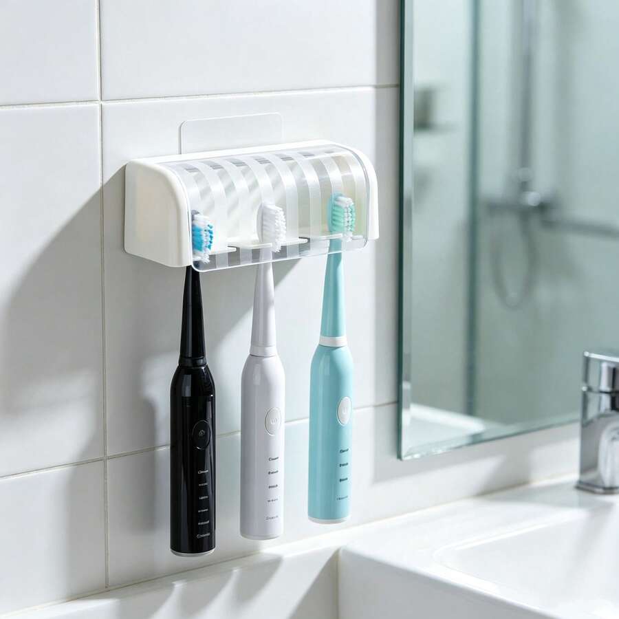 1pc Drill-Free Dustproof Toothbrush Holder, Bathroom Electric Toothbrush Box, Toothpaste Storage Box, 5-Compartment Self-Adhesive Toothbrush Organizer, Bathroom Accessories