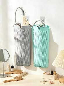 Two Standard-Sized Hanging Silicone Storage Bags, Featuring A Minimalist Solid Color Rectangular Shape With A Wavy Embossed Surface And Hook Details. Ideal For Storing Hair Styling Tools, Suitable For Dressing Tables, Bathrooms, And Everyday Home Use. - View 3