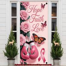 2D Flat, 1pc Pink Ribbon Breast Cancer Awareness Banner - Pink Floral BCFA Pattern, Polyester Material Suitable For Indoor/Outdoor Events, Weddings, Parties. For Survivors And Supporters - Multicolor - View 3