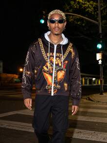 Men's Y2K Hip-Hop Style Chain Hand-Drawn Pattern Zipper Hoodie, Short Distressed Star Print Streetwear Loose Jacket Top - Brown - View 3