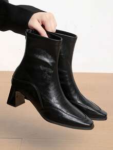 Women's Glossy Faux Leather Elastic Ankle Boots, Block Heel, Chunky Square Heel, Back Zipper, Black Slim Fit Fashion Ankle Boots - Black - View 4