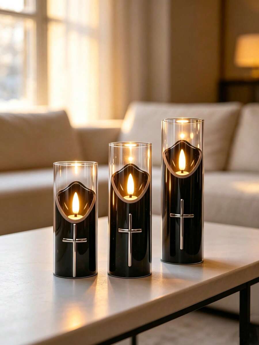 12.5cm, 15cm, 17.5cm 3pcs/Set Hot-Selling LED Electronic Candle Lights New Church Prayer Lights Cross Decor Night Lights Suitable For Multiple Scene Arrangements - Ambient Light - View 1