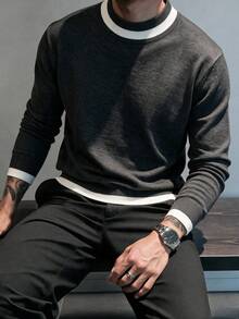 Men's Contrast Trim Ribbed Crew Neck Knit Sweater, Casual Vintage Warm Pullover - Black - View 1