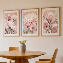 3Pcs Pink Protea Flower Canvas Wall Art, Soft Blush Australian Native Floral Prints, Neutral Boho Botanical Poster For Living Room, Bedroom, Kitchen, Home Decoration, Posters & Prints, Frameless - 391 - View 6