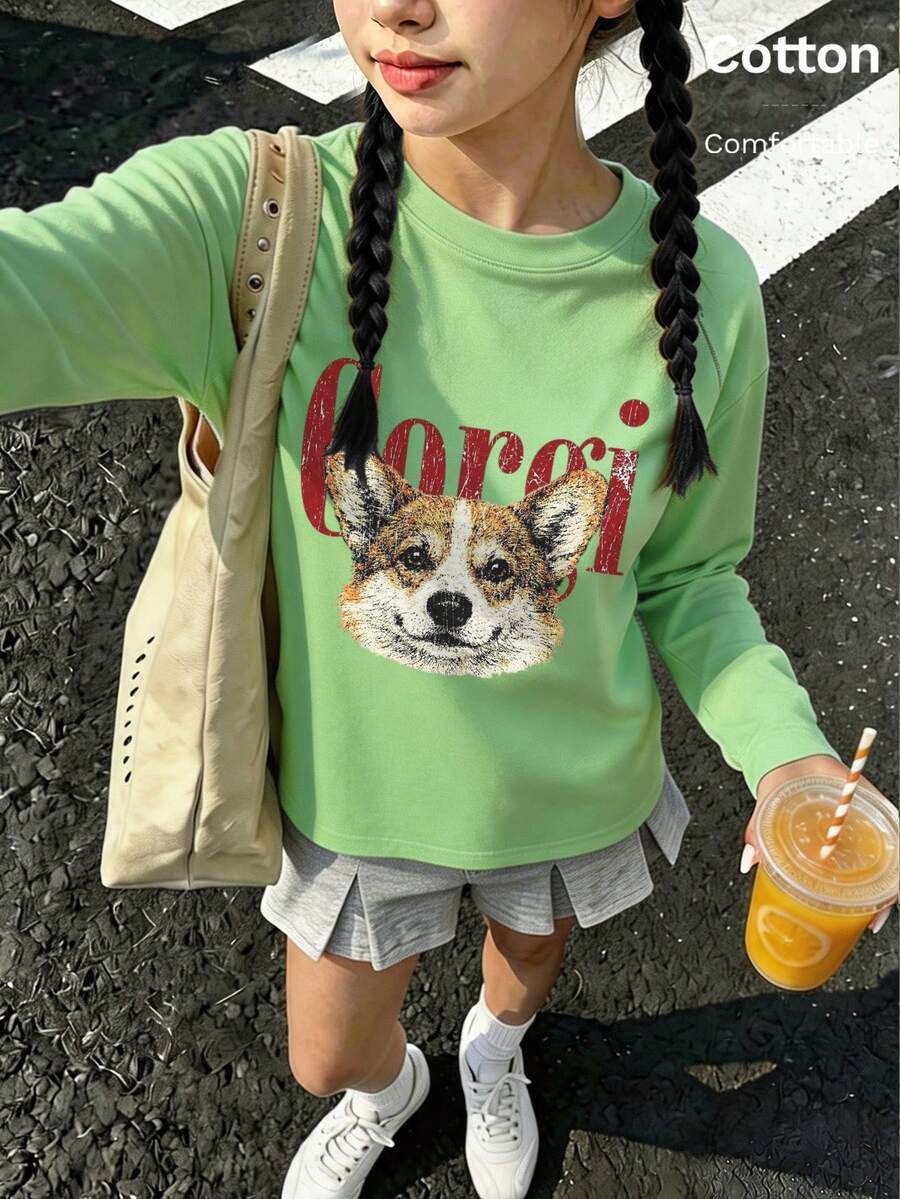 Autumn Girls Long Sleeve T-Shirt White Round Neck With Corgi Dog Print And Red Corgi Text Y2K - Leaf Green - View 1