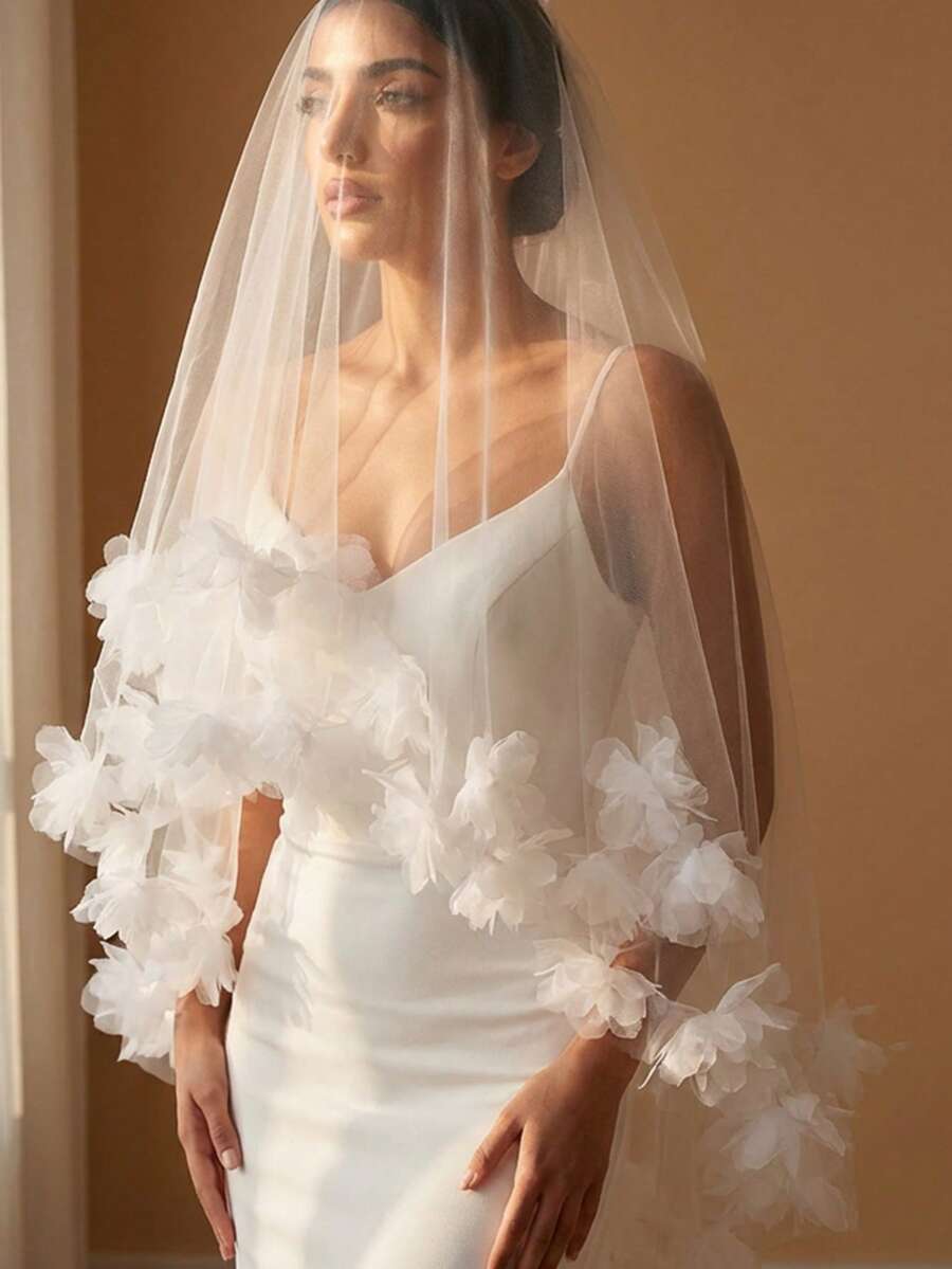 Double-Layer 3D Floral Tulle Mid-Length Bridal Veil Featuring Large Handmade Flower Embellishments-Perfect For Weddings And Photoshoots.