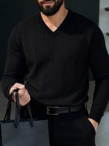 Men's Autumn/Winter Fashion Versatile Striped Slim Fit V-Neck Long Sleeve Knit Top T-Shirt Suitable For Daily Commute - Black - View 3