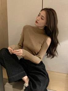 女款純色圓領修身針織露肩長袖修身套頭毛衣，百搭風格 - 中咖色 - 查看 8