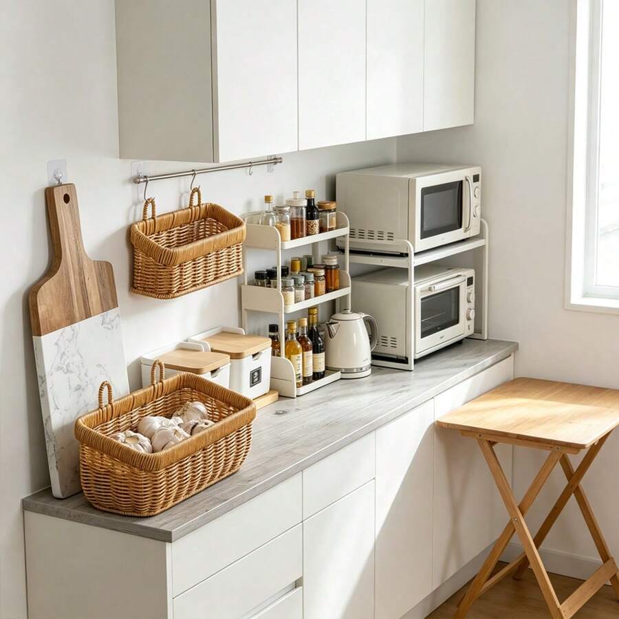 Woven Storage Basket, Faux Rattan Rectangular Basket With Handle, Wall-Mounted Wicker Organizer For Kitchen, Bathroom And Bedroom, Multi-Functional Decorative Basket For Pantry Items, Towels, Snacks, Plants And Home Decor, Non Food Contact - View 1