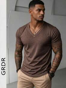 GRDR Men's Fashionable V-Neck Short Sleeve T-Shirt | Exquisite Design | Summer Essential | Easy To Match | Showcase Your Style - Brown - View 3