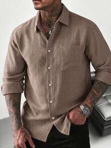 Men's Coffee Color Patch Pocket Vacation Style Short Sleeve Shirt - Khaki - View 1