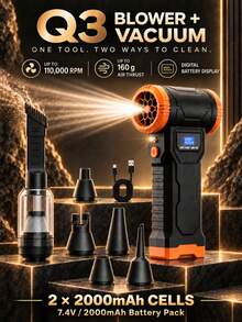 Q3 Penyedot Debu & Peniup Nirkabel Portabel Serbaguna, Hingga 110.000 RPM, 4 Kecepatan yang Dapat Diatur, Lampu LED & Tampilan Persentase Baterai, Pengisian Daya USB, Dilengkapi dengan 5 Nozzle dan Komponen Penyedot Debu yang Dapat Dilepas, Cocok untuk Interior Mobil, Pembersihan Keyboard dan Sofa, Pengisian Angin, Pendinginan, dan Lainnya - Wireless - View 13