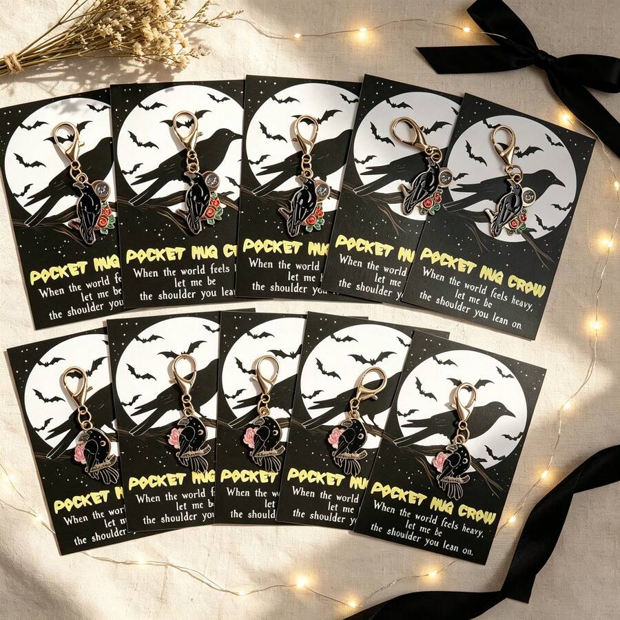 10pcs Lucky Crow Keychain Set With Pocket Hug Card, Lucky Gift, Suitable For Decorating Bags Accessories, Ideal Choice For Family And Friends, Halloween Small Gift, Novelty Pendant - Multicolor - View 1