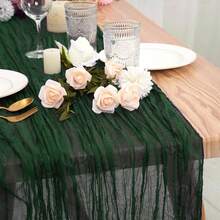 Rectangular Table Runner, 180*90CM, 300*90CM, 400*90CM, Cheese Cloth Table Runner, Bohemian Gauze Cheese Cloth Tablecloth, Country Transparent Tablecloth, Suitable For Weddings, Holiday Gatherings, Graduation Parties, Birthdays Or Holiday Party Cake Table Decoration, Romantic Banquet Table Decoration Crinkled Cloth Table Runner, Suitable For Both Outdoor And Indoor Use, Colorful Tablecloth - Dark Green - View 3