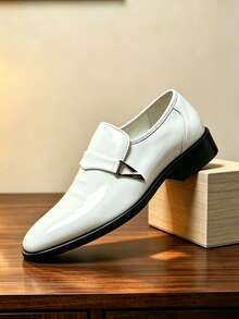 QRLQRL Men's Spring Summer Shiny Slip-On Dress Shoes Metal Buckle Minimalist Pointed Toe Wedding Banquet Office Commute Low-Top Style - White - View 1