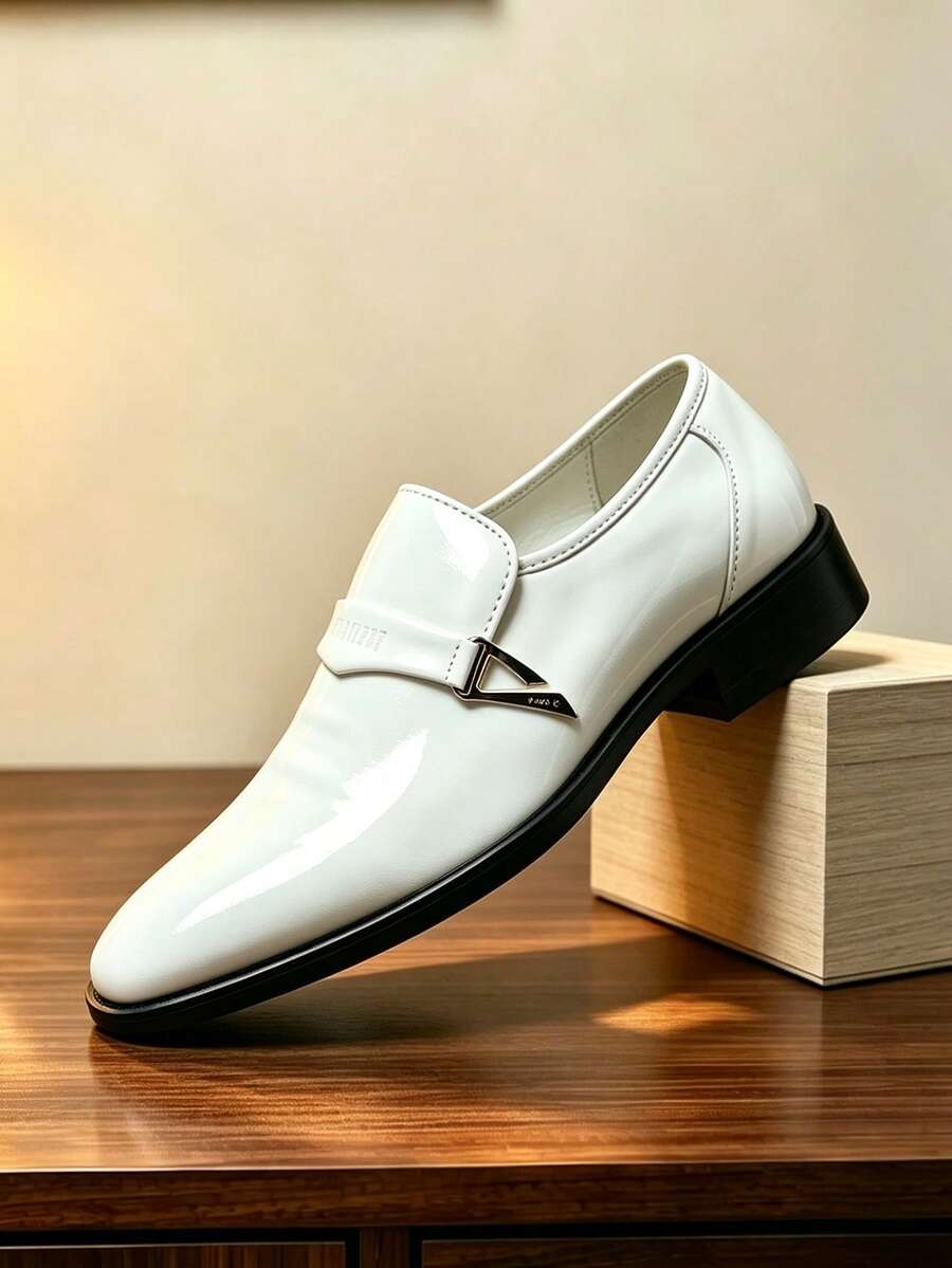 QRLQRL Men's Spring Summer Shiny Slip-On Dress Shoes Metal Buckle Minimalist Pointed Toe Wedding Banquet Office Commute Low-Top Style - White - View 1