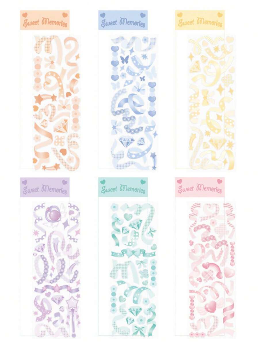 6pcs Rhinestone Ribbon Glitter Decorative Planner Stickers - One Size - View 1