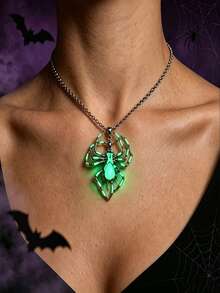 VJS 1pc Glow-In-The-Dark Spider Pendant Necklace, Gothic Punk Style Glowing Animal Design Collarbone Chain, Halloween Dark Aesthetic Jewelry, Unisex - Punk Style Glowing Spider Necklace - View 7
