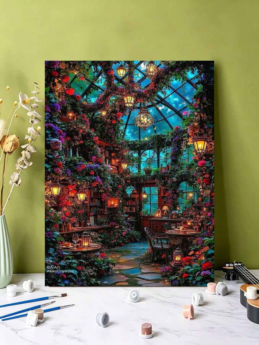 DIY Enchanted Floral Glass Conservatory (Frameless Or Framed 8x12 / 16x20 Inches) Paint By Numbers Kit (Acrylic) Arts & Crafts For Adult Beginners, Home Wall Decor, And Unique Holiday Gifts - Sets - View 1