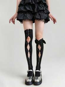 STAR RIVER Japanese Vintage Y2K Hollow Turn Collar Metal Button Over Knee Socks, Gothic Lace Trim Long Tube Socks Ins - Multicolor - View 2