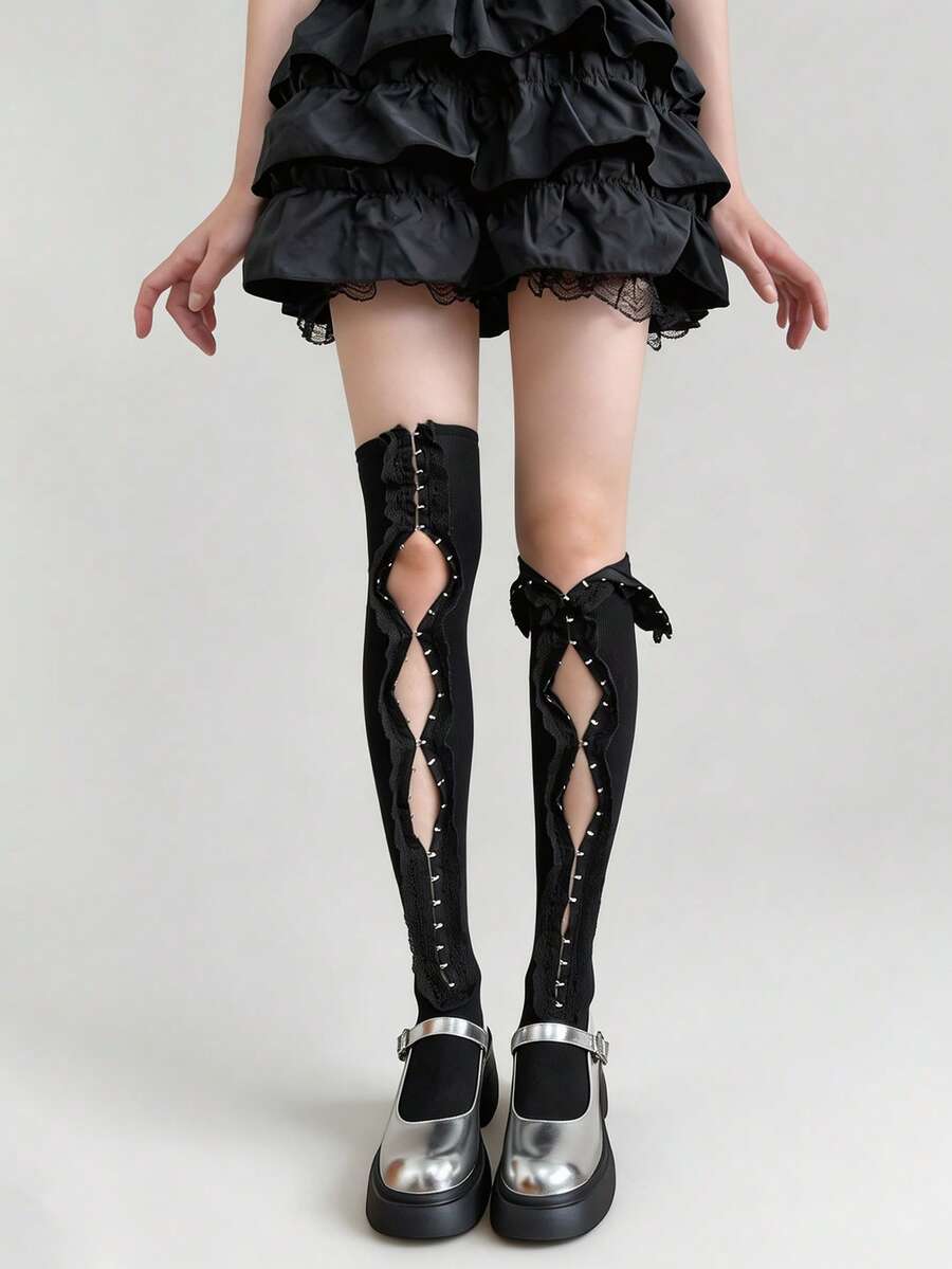 STAR RIVER Japanese Vintage Y2K Hollow Turn Collar Metal Button Over Knee Socks, Gothic Lace Trim Long Tube Socks Ins