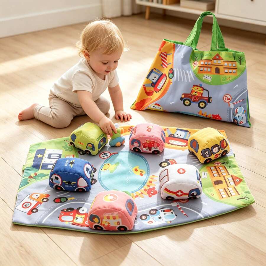 Infant Traffic Theme Fabric Soft Block Play Mat Set, Baby Early Education Soft Ball Toys, Educational Grasping Training Toys