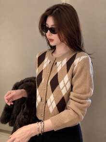 Cardigan Sweater Lengan Panjang Leher Bulat Motif Belah Ketupat Retro Kasual Wanita, Musim Gugur/Dingin - Khaki - View 1